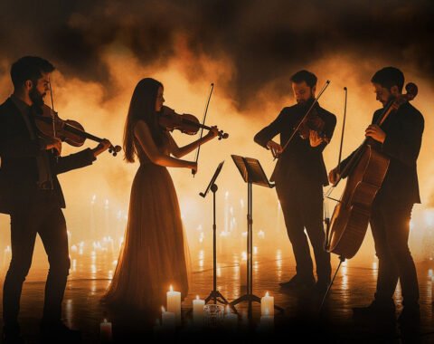 Brdigerton: Streichquartett spielt vor einem Meer an Kerzen, Fotocredit AZ Event Production